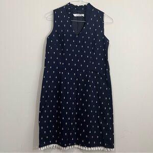 Chetta B Dress 6 Cotton Sheath Navy Blue White Anchor Print Sleeveless Nautical